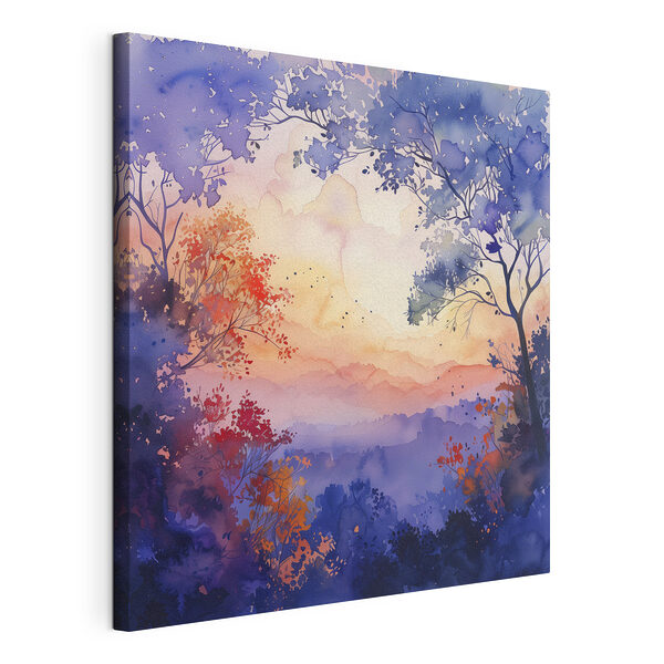 Aquarel van bomen en een zonsondergang Canvas Schilderijen Aquarel van bomen en een zonsondergang