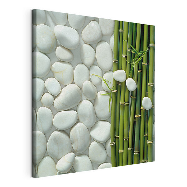 Canvas Schilderijen Groep groene bamboestengels en witte rotsen