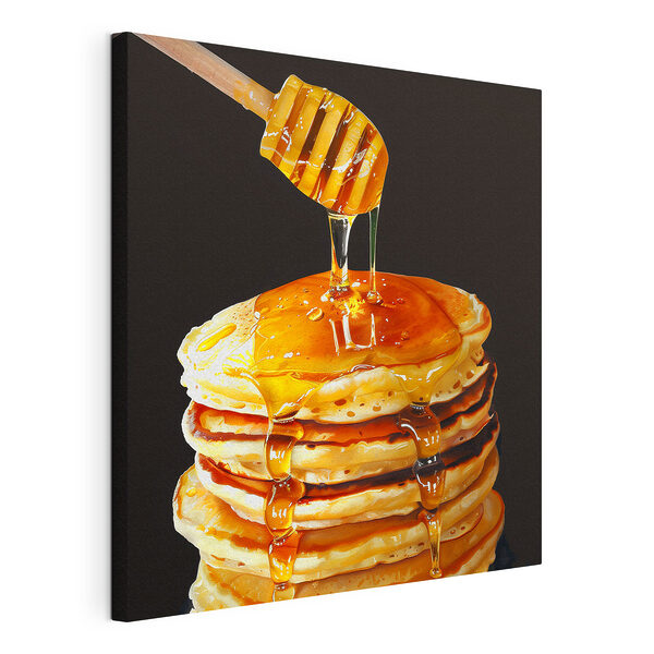 Stapel pannenkoeken met honing druipend van een houten stokje Canvas Schilderijen Stapel pannenkoeken met honing druipend van een houten stokje