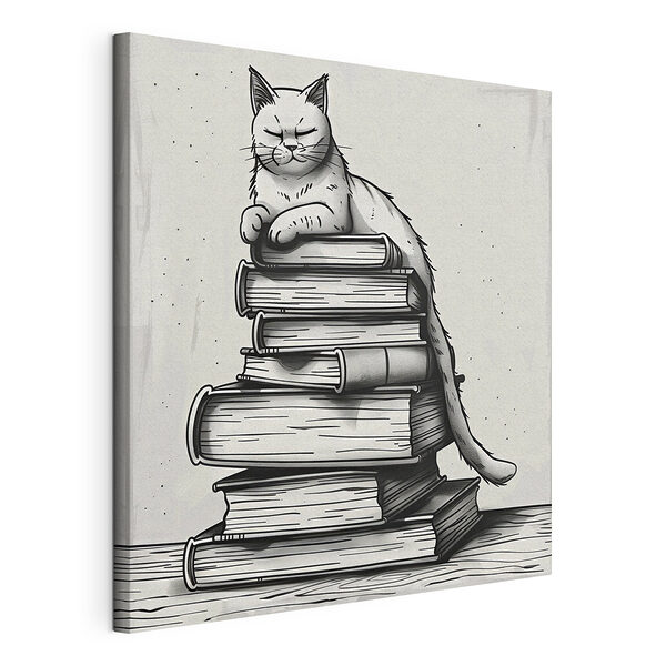 Canvas Schilderijen Kat zittend op een stapel boeken