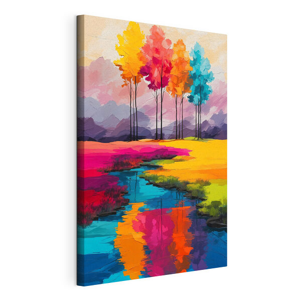 Canvas prints Painting of a river running through a field of colorful trees Canvas Schilderijen Canvas prints Painting of a river running through a field of colorful trees