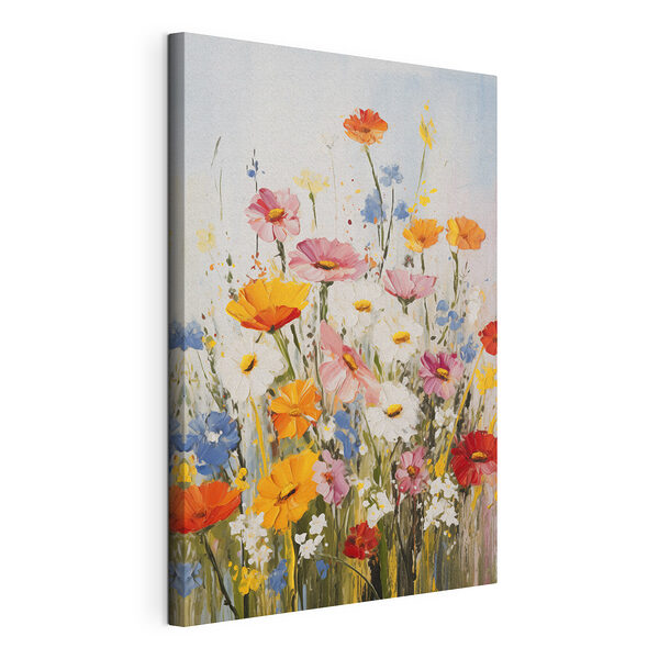 Een levendig veld vol kleurrijke bloesems Canvas Schilderijen Een levendig veld vol kleurrijke bloesems