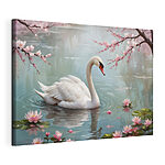 Canvas Schilderijen Witte zwaan in water met roze bloemen