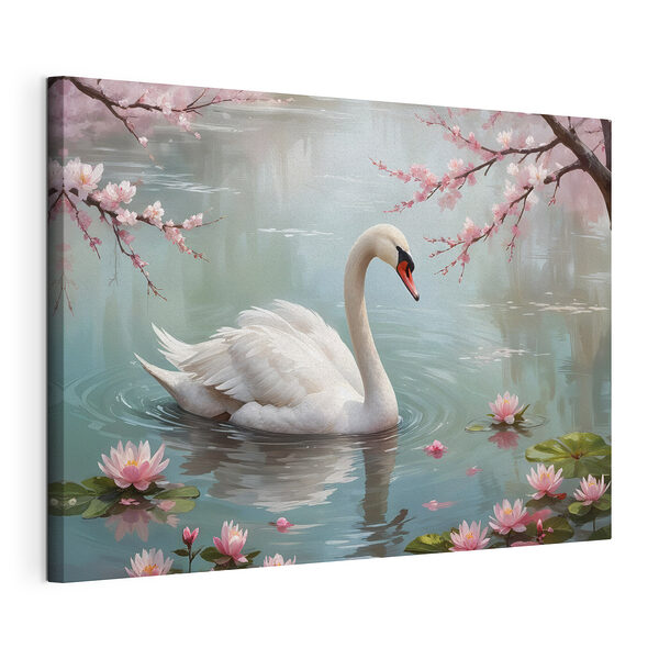 Witte zwaan in water met roze bloemen Canvas Schilderijen Witte zwaan in water met roze bloemen