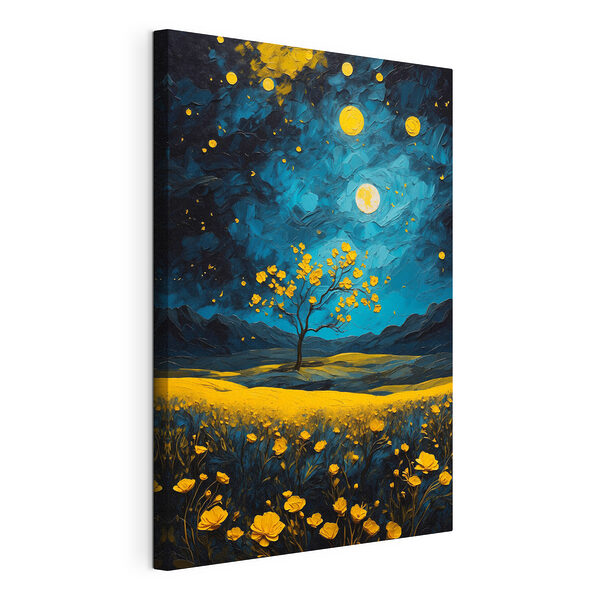 Canvas Schilderijen Schilderij van een boom in een bloemenveld