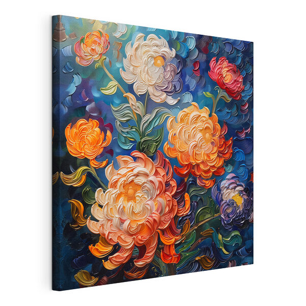 Schilderij van bloemen op een blauwe achtergrond Canvas Schilderijen Schilderij van bloemen op een blauwe achtergrond