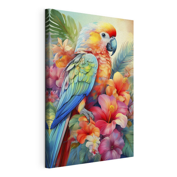Canvas Schilderijen Kleurrijke papegaai op bloemenachtergrond