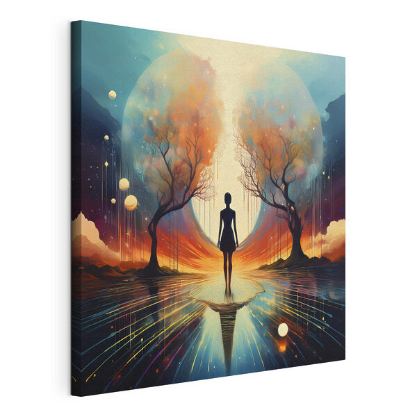 Vrouw staand op een reflecterend oppervlak met bomen en een grote maan Canvas Schilderijen Vrouw staand op een reflecterend oppervlak met bomen en een grote maan