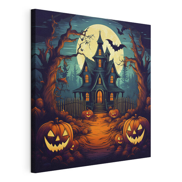 Huis met pompoenen en een hek ervoor Canvas Schilderijen Huis met pompoenen en een hek ervoor