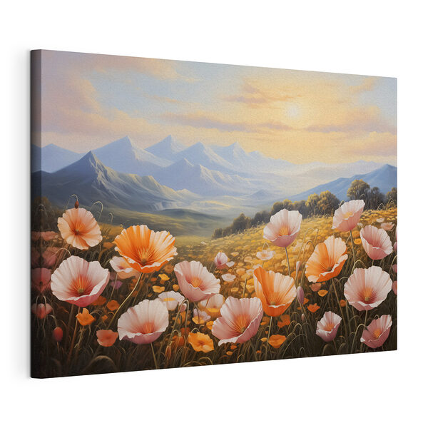 Canvas Schilderijen Bloemenveld met bergen op de achtergrond