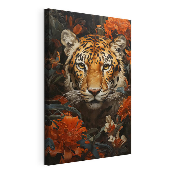 Canvas Schilderijen Tijger tussen weelderige oranje bloesems