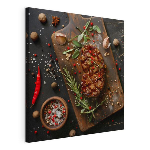 Canvas Schilderijen Stuk vlees met kruiden en specerijen op een snijplank