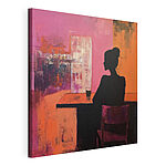 Canvas Schilderijen Schilderij van een vrouw zittend aan een tafel
