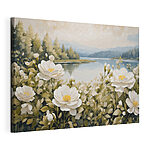 Canvas Schilderijen Schilderij van bloemen bij een meer