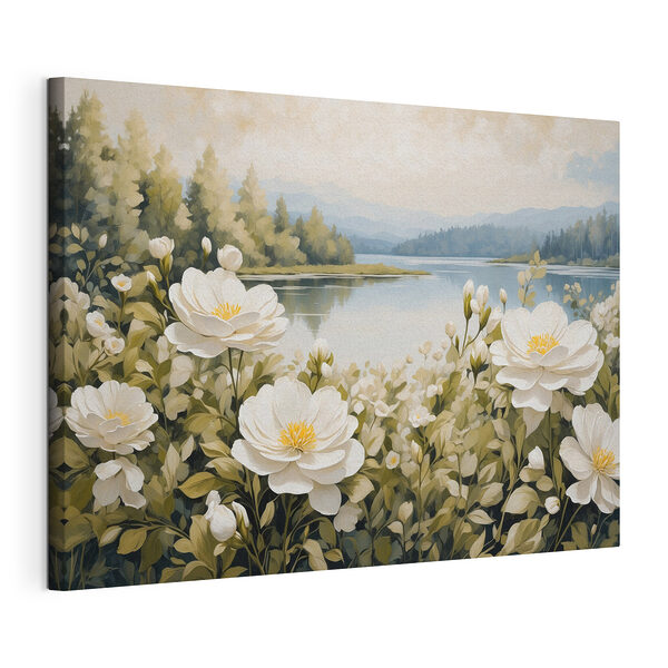 Schilderij van bloemen bij een meer Canvas Schilderijen Schilderij van bloemen bij een meer
