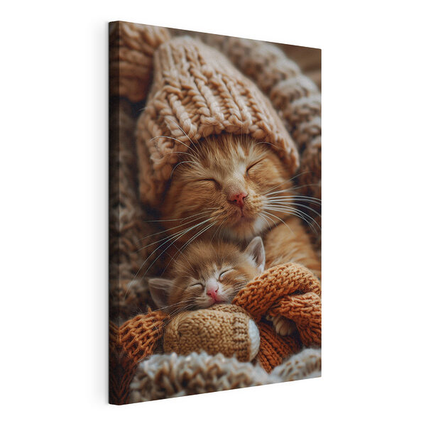 Canvas Schilderijen Kat en kitten in gebreide mutsen