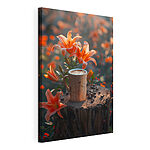 Canvas Schilderijen Kopje koffie op een stronk met oranje bloemen