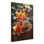 Canvas Schilderijen Kopje koffie en oranje bloemen