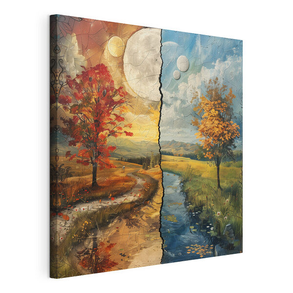 Puzzel van een landschap met bomen en een rivier Canvas Schilderijen Puzzel van een landschap met bomen en een rivier