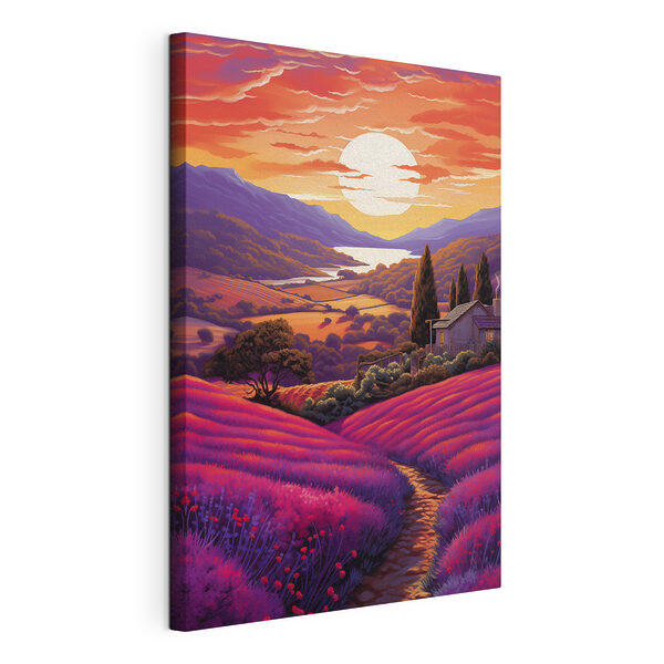 Canvas Schilderijen Huis in een lavendelveld