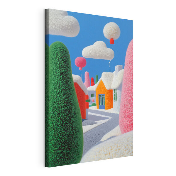 Canvas Schilderijen Cartoon stad met bomen en ballonnen
