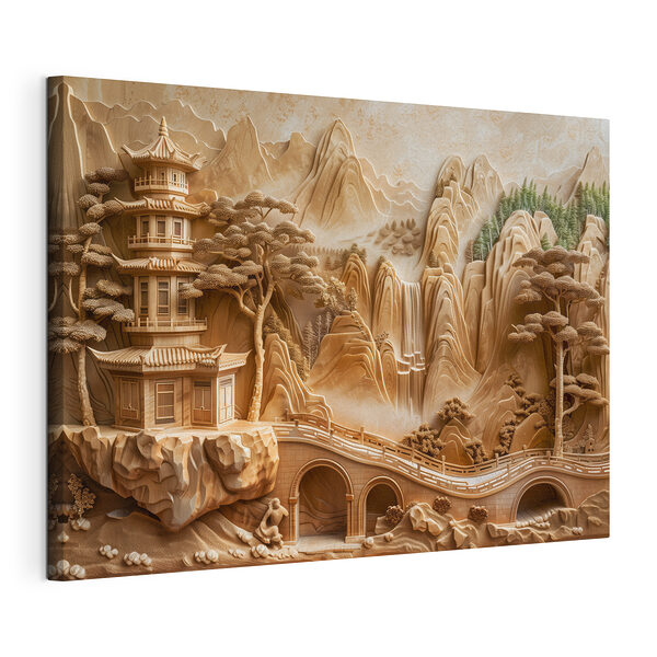 Sculptuur van een brug en een gebouw Canvas Schilderijen Sculptuur van een brug en een gebouw