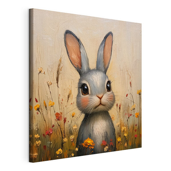 Schilderij van een konijn in een bloemenveld Canvas Schilderijen Schilderij van een konijn in een bloemenveld