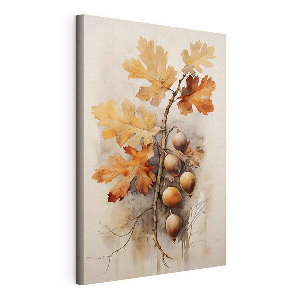 Eikels en bladeren op een tak met een witte achtergrond Canvas Schilderijen Eikels en bladeren op een tak met een witte achtergrond