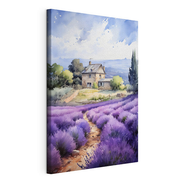 Canvas Schilderijen Huis in een lavendelveld