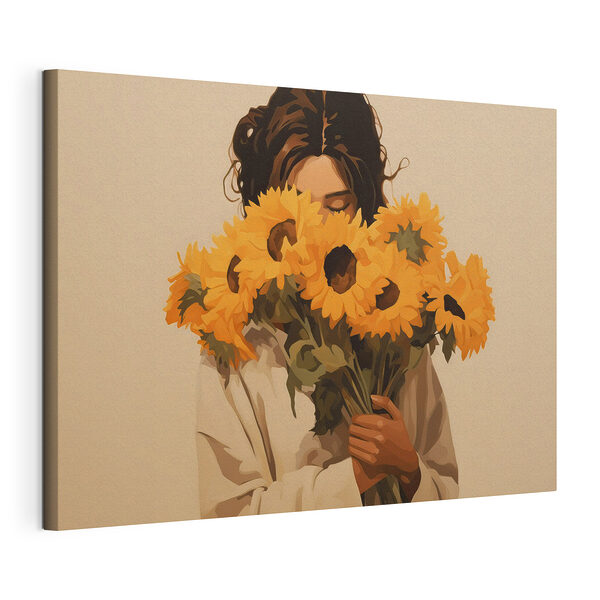 Vrouw met boeket zonnebloemen Canvas Schilderijen Vrouw met boeket zonnebloemen