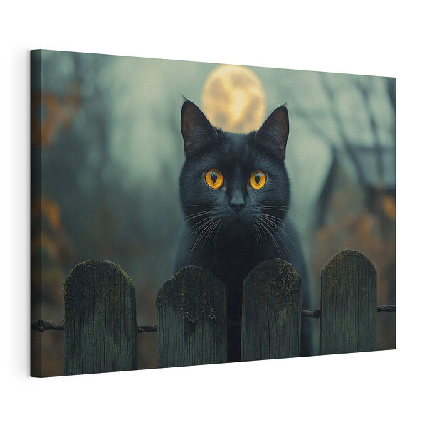 Canvas Schilderijen Zwarte kat met gele ogen achter een hek