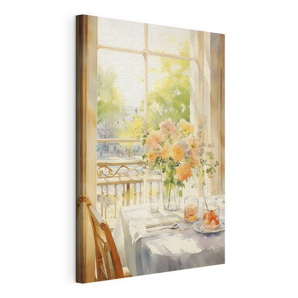 Aquarel van een tafel met bloemen en glazen Canvas Schilderijen Aquarel van een tafel met bloemen en glazen