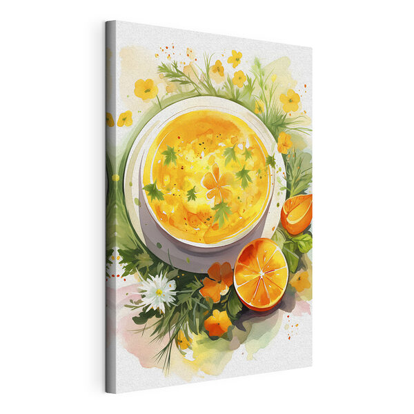 Kom sinaasappelsoep met bloemen en bladeren Canvas Schilderijen Kom sinaasappelsoep met bloemen en bladeren