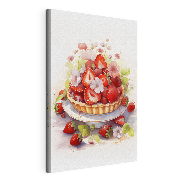 Aquarel van een taart met aardbeien en bloemen Canvas Schilderijen Aquarel van een taart met aardbeien en bloemen