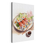 Canvas Schilderijen Bordje sushi met saus en bloemen