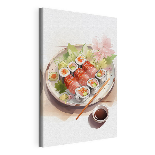 Bordje sushi met saus en bloemen Canvas Schilderijen Bordje sushi met saus en bloemen