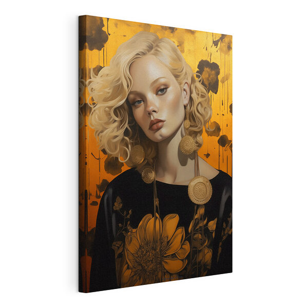 Vrouw met krullend blond haar en grote oorbellen Canvas Schilderijen Vrouw met krullend blond haar en grote oorbellen