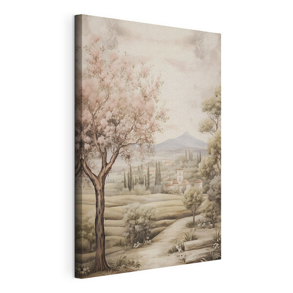 Schilderij van een landschap met bomen en een gebouw Canvas Schilderijen Schilderij van een landschap met bomen en een gebouw