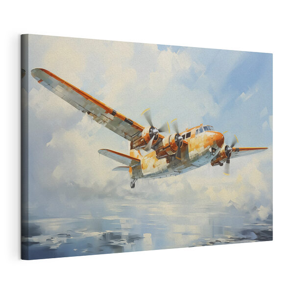 Een oranje en wit vliegtuig vliegend in de lucht Canvas Schilderijen Een oranje en wit vliegtuig vliegend in de lucht