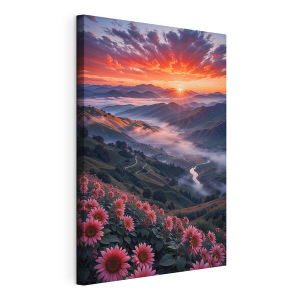 Vallei met bloemen en een rivier Canvas Schilderijen Vallei met bloemen en een rivier