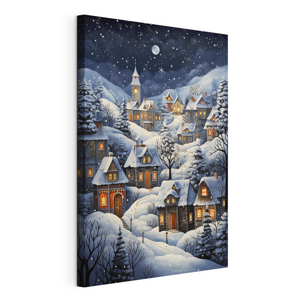 Schilderij van een besneeuwd dorp Canvas Schilderijen Schilderij van een besneeuwd dorp
