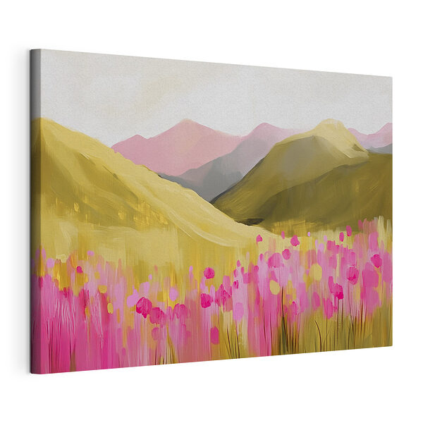 Canvas Schilderijen Schilderij van een veld met roze bloemen