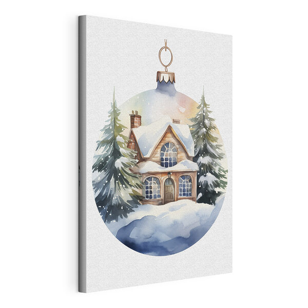 Canvas Schilderijen Aquarel van een huis in de sneeuw