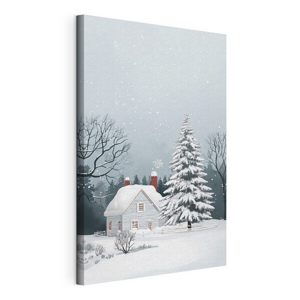 Huis met sneeuw op het dak en een boom in de sneeuw Canvas Schilderijen Huis met sneeuw op het dak en een boom in de sneeuw