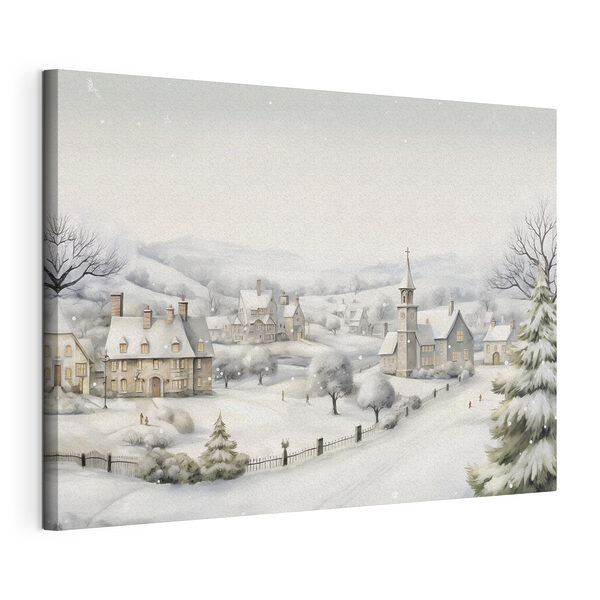 Canvas Schilderijen Besneeuwd dorp met een kerk en bomen