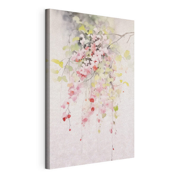 Aquarel van roze bloemen en groene bladeren Canvas Schilderijen Aquarel van roze bloemen en groene bladeren