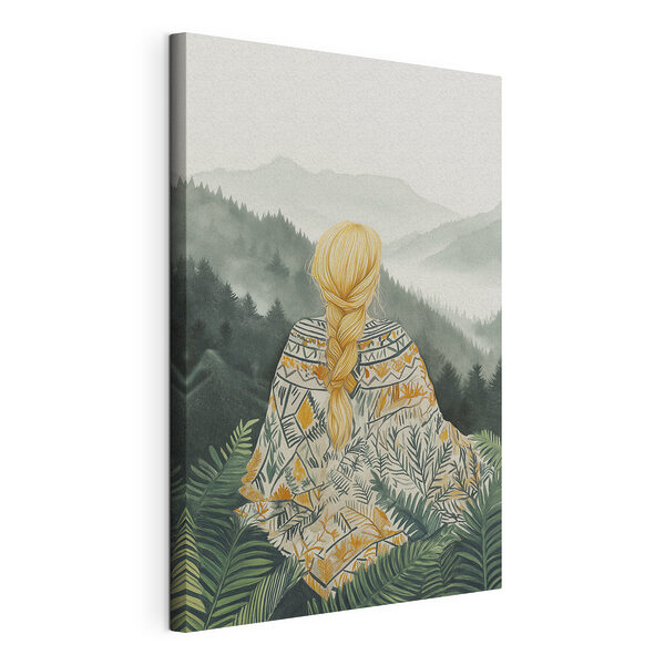 Vrouw zittend in een bos kijkend naar bergen Canvas Schilderijen Vrouw zittend in een bos kijkend naar bergen