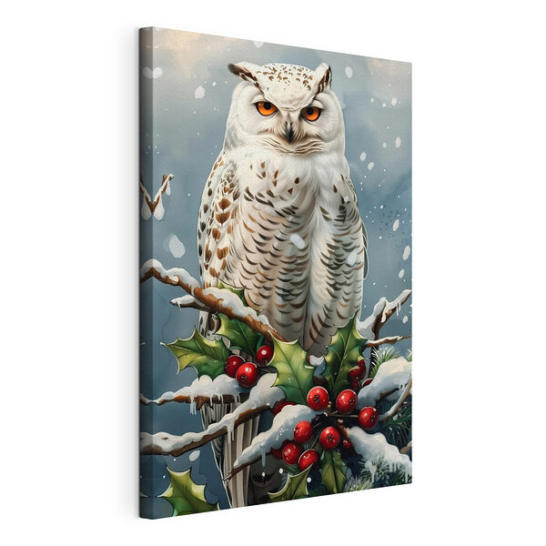 Witte uil zittend op een tak met sneeuw en bessen Canvas Schilderijen Witte uil zittend op een tak met sneeuw en bessen