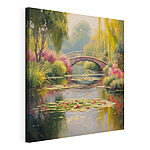 Canvas Schilderijen Brug over een vijver met lelieblad en bloemen