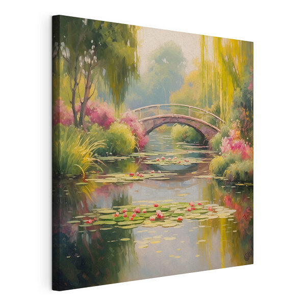 Canvas Schilderijen Brug over een vijver met lelieblad en bloemen